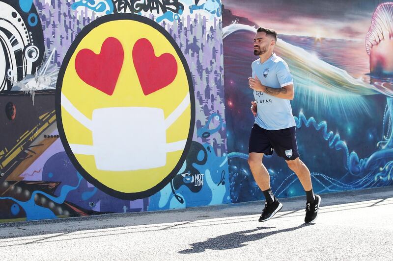 Sydney FC A-League player Anthony Caceres trains by himself at Bondi Beach on April 17, 2020 in Sydney, Australia. Getty Images