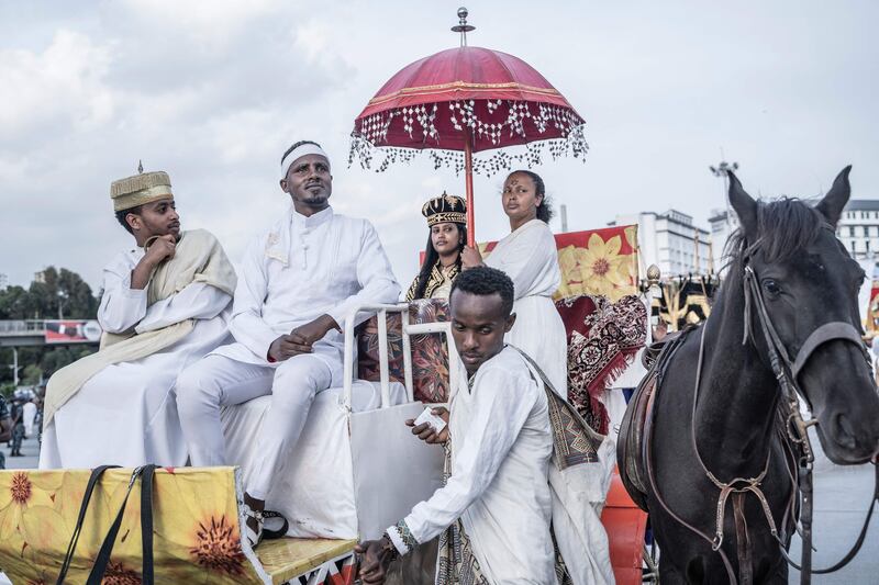 Orthodox Christians take part in a parade during Meskel celebrations in Addis Ababa, Ethiopia. AFP