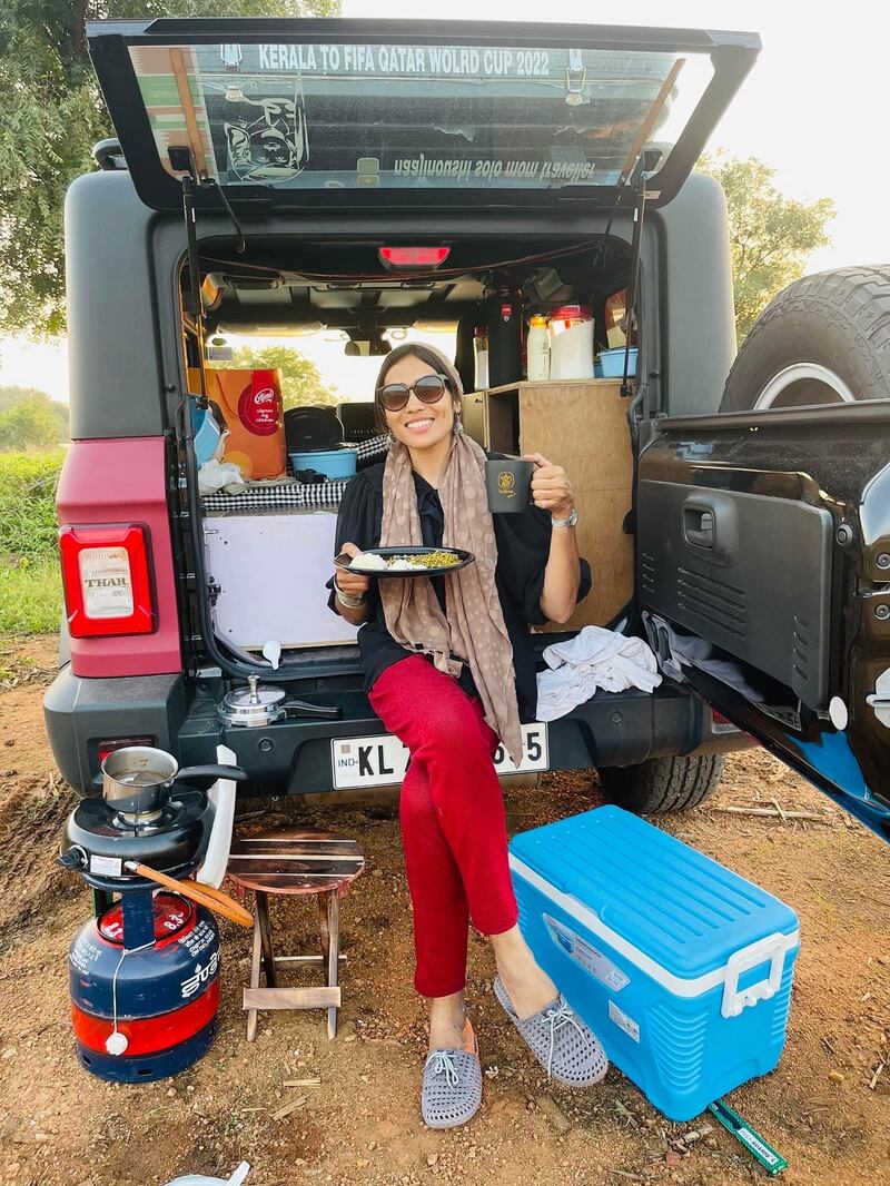 Ms Noushi began her journey on October 15 from Kerala. She cooked and slept in the SUV as she drove across the Indian states of Tamil Nadu and Karnataka to reach the port city of Mumbai, from where she shipped her car to Oman