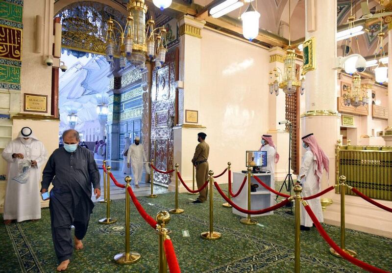 The Prophet’s Holy Mosque opened for visitors after being closed for 8 months as part of COVID-19 precious measures. Visits are only allowed via scheduled appointments  SPA