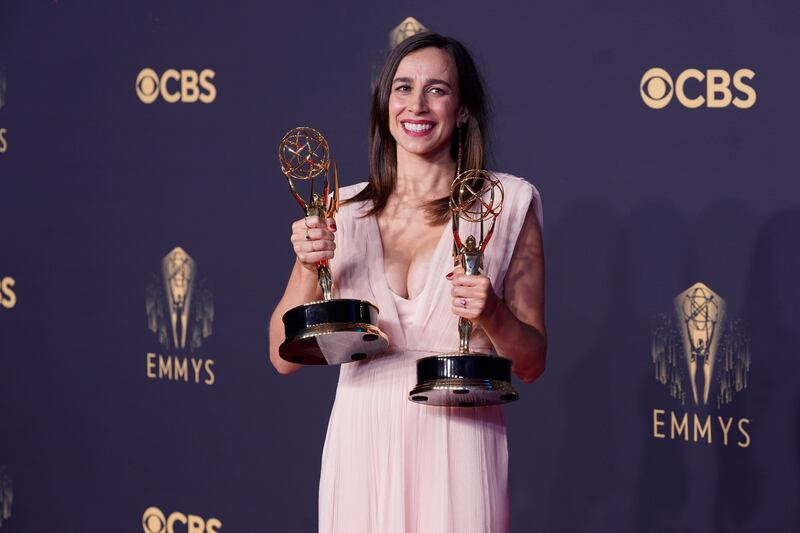 Lucia Aniello poses with the award for Outstanding Directing for a Comedy Series and Outstanding Writing for a Comedy Series for 'Hacks'. AP
