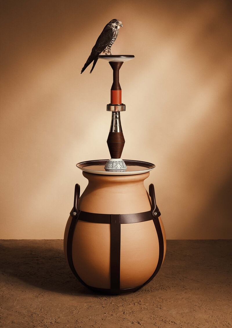 A falcon stand was created specifically for Hermes's Petit H Dubai event. Photo: Nacho Alegre 