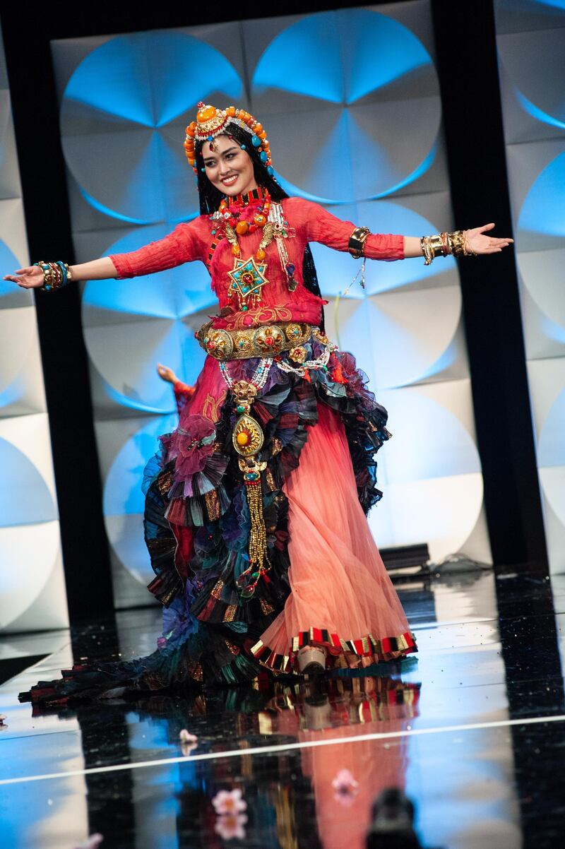 Xin Zhu, Miss China 2019 on stage during the National Costume Show at the Marriott Marquis in Atlanta on Friday, December 6, 2019. The National Costume Show is an international tradition where contestants display an authentic costume of choice that best represents the culture of their home country. The Miss Universe contestants are touring, filming, rehearsing and preparing to compete for the Miss Universe crown in Atlanta. Tune in to the FOX telecast at 7:00 PM ET on Sunday, December 8, 2019 live from Tyler Perry Studios in Atlanta to see who will become the next Miss Universe. HO/The Miss Universe Organization