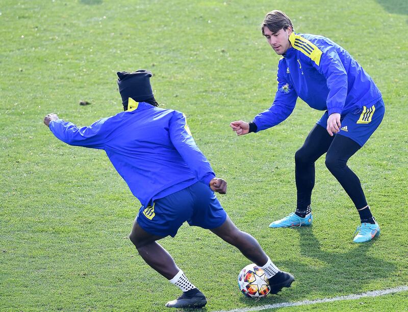 Juventus striker Dusan Vlahovic during training. EPA 