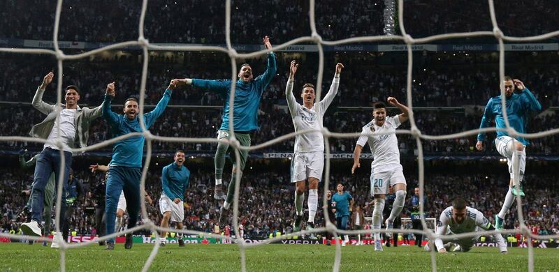 Soccer Football - Champions League Semi Final Second Leg - Real Madrid v Bayern Munich - Santiago Bernabeu, Madrid, Spain - May 1, 2018   Real Madrid's Cristiano Ronaldo and team mates celebrate after the match               REUTERS/Juan Medina     TPX IMAGES OF THE DAY