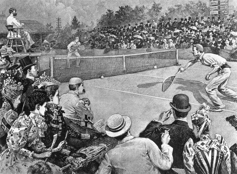 Wilfred Baddeley and Joshua Pim in action during the men's final at Wimbledon in 1891.