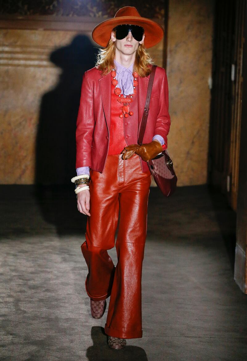 <p>Retro menswear appeared during the women&#39;s fashion show at Gucci, with this mismatched leather suit.&nbsp;</p>
