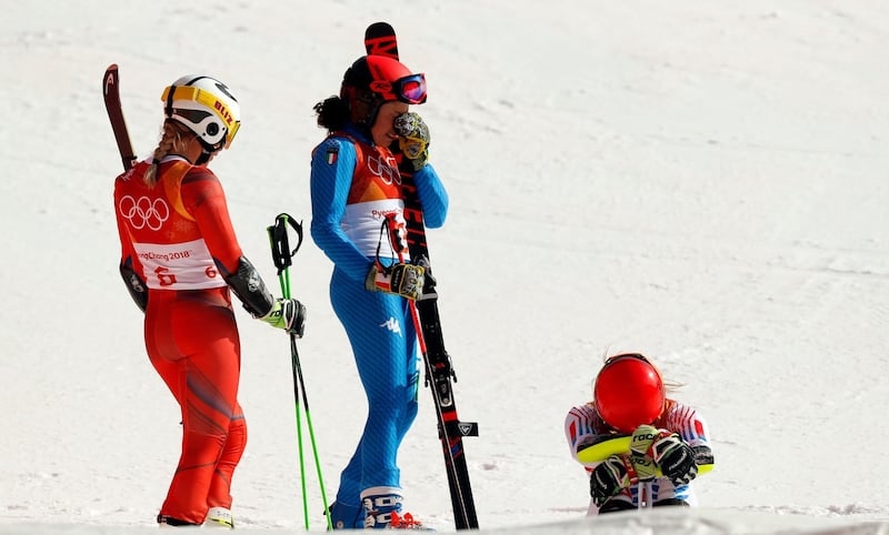 Ragnhild Mowinckel of Norway, Federica Brignone of Italy and Mikaela Shiffrin of the US in the Women’s Giant Slalom. Jorge Silva / Reuters