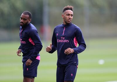 Soccer Football - Europa League - Arsenal Training - Arsenal Training Centre, St Albans, Britain - September 19, 2018   Arsenal's Alexandre Lacazette and Pierre-Emerick Aubameyang during training   Action Images via Reuters/Peter Cziborra