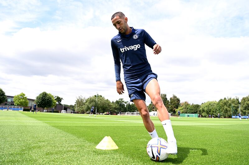 Chelsea forward Hakim Ziyech takes part in a training session at the Chelsea training ground.