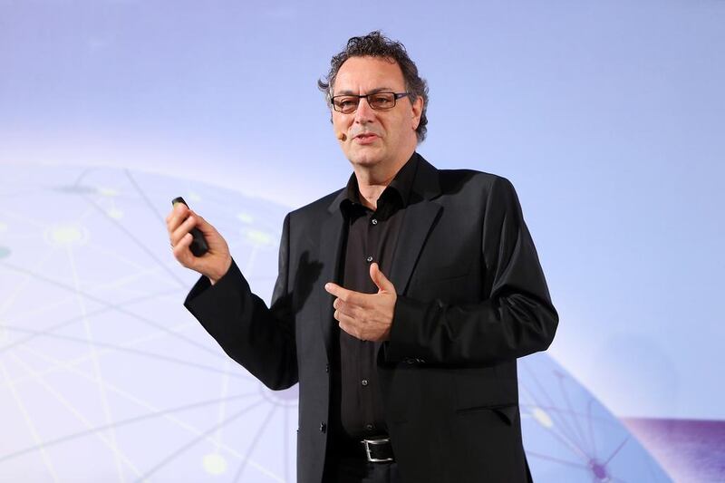 Futurist Gerd Leonhard speaking during the SubOptic 2016 conference in Dubai. Pawan Singh / The National 