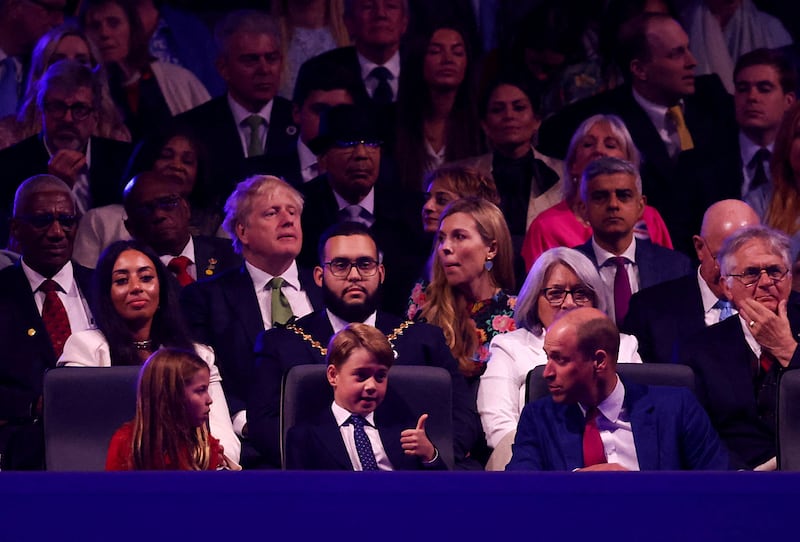 Guests attend the BBC's Platinum Party at the Palace in front of Buckingham Palace, among them Prince William, Princess Charlotte and Prince George, and Prime Minister Boris Johnson and his wife Carrie. Reuters