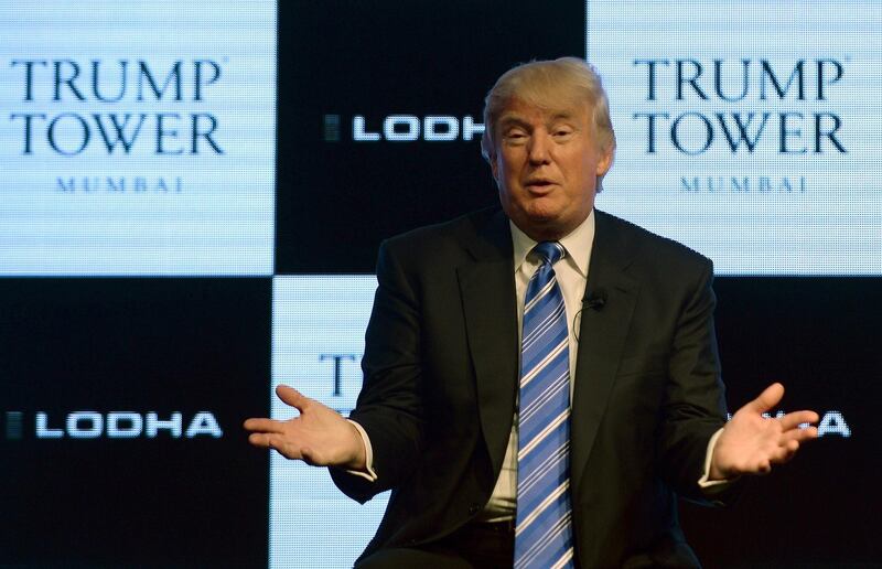 US chairman and president of the Trump Organisation and the founder of Trump Entertainment Resorts Donald Trump speaks during a news conference in Mumbai on August 12, 2014. The Trump Organisation and Mumbai-based developer the Lodha Group are collaborating on their second project, 'Trump Tower', in the city. AFP PHOTO/ PUNIT PARANJPE (Photo by PUNIT PARANJPE / AFP)