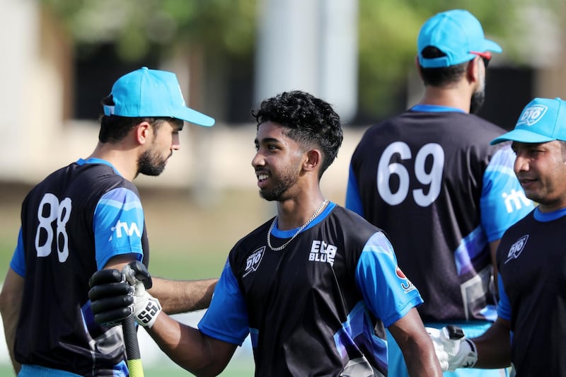 Dubai, United Arab Emirates - Reporter: N/A. Sport. Cricket. ECB Blues' Vriitya Aravind after hits 77 not out during the match between the ECB Blues and Dubai in the Emirates D10. Friday, July 24th, 2020. Dubai. Chris Whiteoak / The National