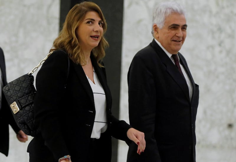 FILE PHOTO: Lebanon's newly appointed Justice Minister Marie Claude Najm and Foreign Minister Nassif Hitti arrive to attend the cabinet meeting at the presidential palace in Baabda, Lebanon January 22, 2020. REUTERS/Mohamed Azakir/File Photo