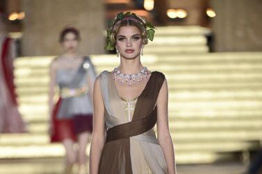 Long, flowing silhouettes referenced the tunics worn by Greek goddesses. Courtesy Dolce & Gabbana