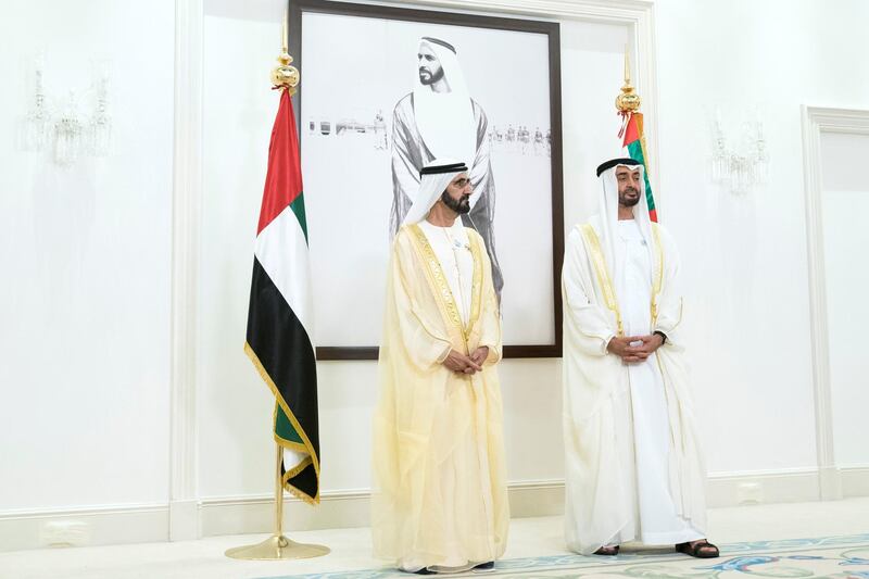 ABU DHABI, UNITED ARAB EMIRATES - June 15, 2018: HH Sheikh Mohamed bin Zayed Al Nahyan Crown Prince of Abu Dhabi Deputy Supreme Commander of the UAE Armed Forces (R) and HH Sheikh Mohamed bin Rashid Al Maktoum, Vice-President, Prime Minister of the UAE, Ruler of Dubai and Minister of Defence (L), participate in a live video call with UAE Armed Forces in Yemen during an Eid Al Fitr reception at Mushrif Palace. 


( Mohamed Al Hammadi / Crown Prince Court - Abu Dhabi )
---
