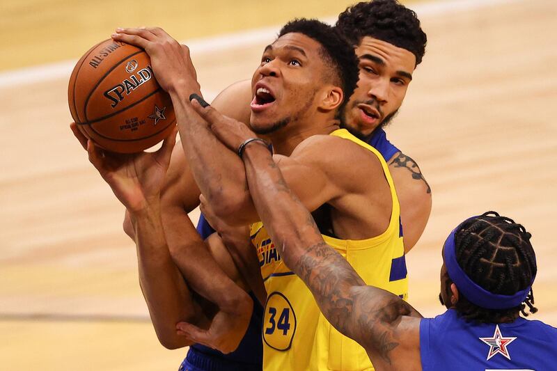 Giannis Antetokounmpo of Team James drives to the basket against Team Durant during the second half in the 70th NBA All-Star Game at State Farm Arena on March 07, 2021 in Atlanta, Georgia. AFP