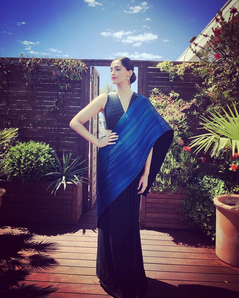 Sonam Kapoor in a sewn sari by Rimzim Dadu at Cannes in 2016. Photo: Instagram / rheakapoor