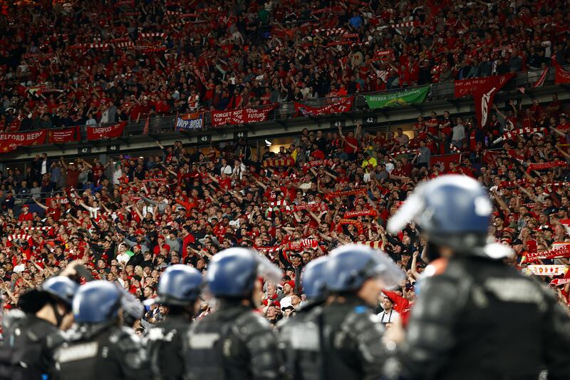 French riot police watch Liverpool supporters at the end of the UEFA Champions League final with Real Madrid at Stade de France in Saint-Denis, Paris. The Spanish side won 1-0. EPA