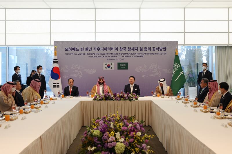 Crown Prince Mohammed, Mr Yoon and their delegations. EPA