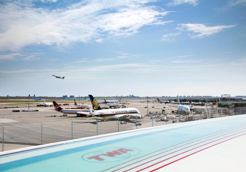 The 20 metre-long rooftop infinity pool is the ideal vantage spot for plane spotters. Courtesy TWA hotel / David Mitchell