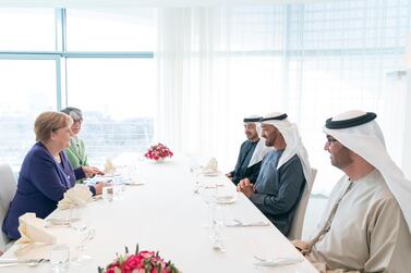 Sheikh Mohamed bin Zayed, Crown Prince of Abu Dhabi and Deputy Supreme Commander of the UAE Armed Forces, meets Angela Merkel, Chancellor of Germany. The meeting was also attended by Sheikh Abdullah bin Zayed, Minister of Foreign Affairs and International Co-operation and Dr Sultan Al Jaber, UAE Minister of State. Ministry of Presidential Affairs 