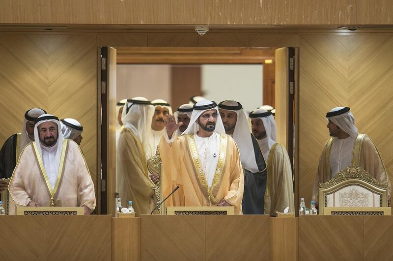 Sheikh Mohammed bin Rashid, Vice President, Prime Minister and Ruler of Dubai greets the members at Wednesday's FNC opening ceremony. Mona Al Marzooqi / The National 