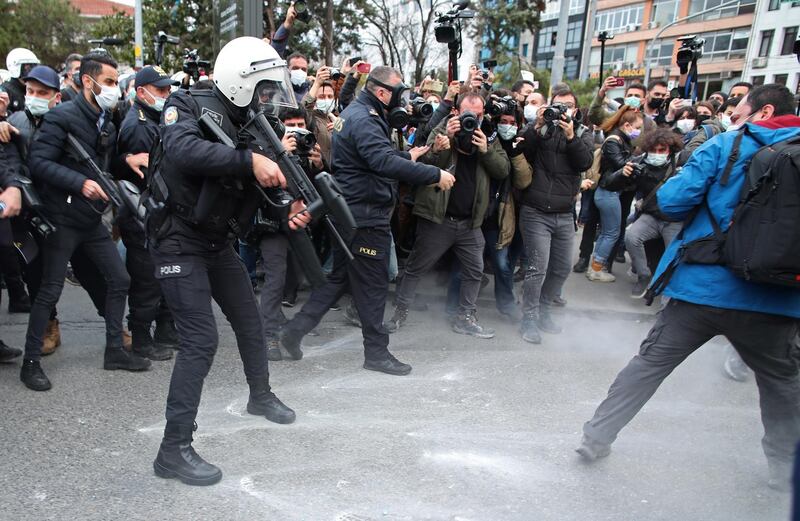 Turkish riot police use plastic bullets against demonstrators at Bogazici University, where students and staff object to Mr Erdogan's decision to appoint a rector, bypassing election by academic staff. The president was empowered to make the appointment by a 2016 law.  EPA