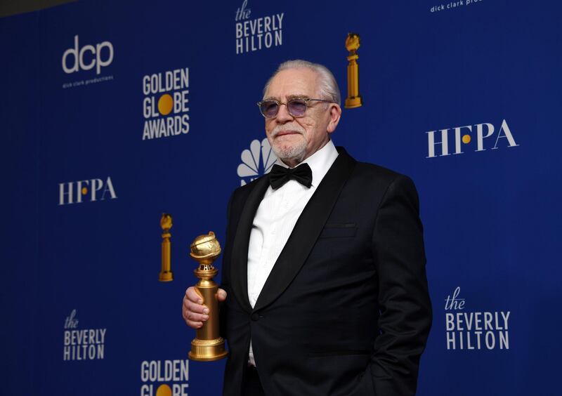 Brian Cox poses with his award for the Best Performance by an Actor In A Television Series - Drama during the 77th annual Golden Globe Awards on January 5, 2020, at The Beverly Hilton hotel in Beverly Hills, California. EPA