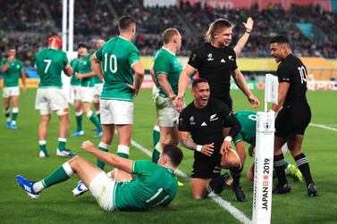 Aaron Smith, centre right, scored New Zealand's first two tries in the Rugby World Cup quarter-final win over Ireland. Press Association