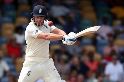 England's Jonny Bairstow plays a shot against West Indies during day four of the first cricket Test match at the Kensington Oval in Bridgetown, Barbados, Saturday, Jan. 26, 2019. (AP Photo/Ricardo Mazalan)