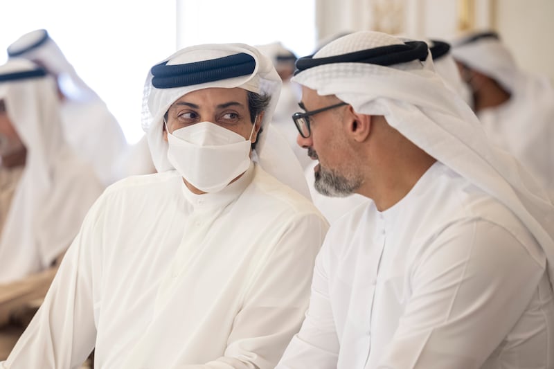 Sheikh Mansour bin Zayed, Deputy Prime Minister and Minister of the Presidential Court, left, and Sheikh Khaled bin Mohamed, member of Abu Dhabi Executive Council and chairman of Abu Dhabi Executive Office, right, at the Sea Palace barza.