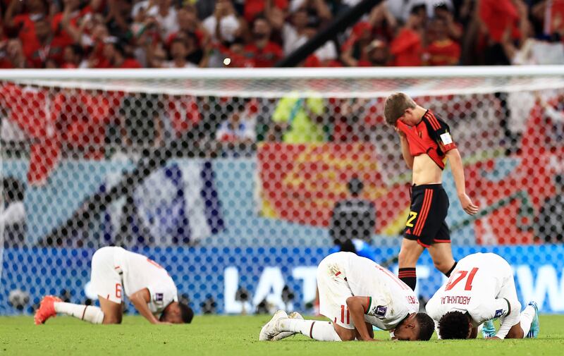 Morocco players after their incredible win. Getty