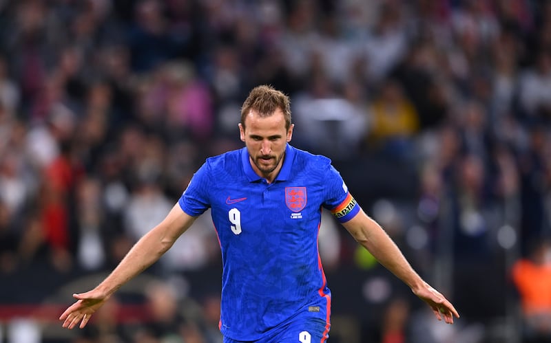 England's Harry Kane celebrates after levelling the scores at 1-1 in the Uefa Nations League match against Germany at the Allianz Arena in Munich. AP