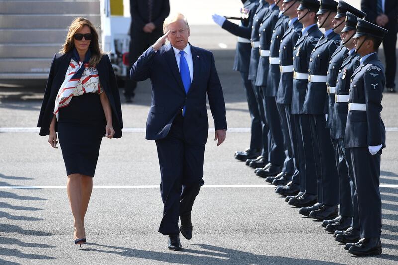 US President Donald Trump and First Lady Melania Trump arrive at Stansted Airport in London, England. President Trump's three-day state visit will include lunch with the Queen, and a State Banquet at Buckingham Palace, as well as business meetings with the Prime Minister and the Duke of York, before travelling to Portsmouth to mark the 75th anniversary of the D-Day landings. Getty