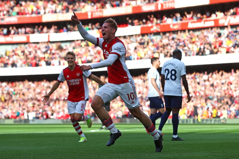 Emile Smith Rowe of Arsenal celebrates after scoring at the Emirates Stadium. Getty