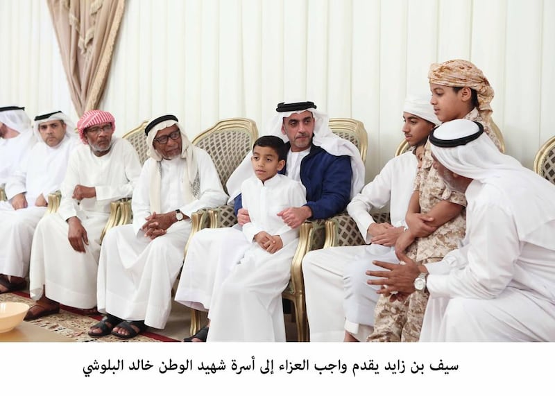 Sheikh Saif bin Zayed, Deputy Prime Minister and Minister of Interior, offers his condolences to the family of Khalid Al Balooshi, a serviceman who died serving the UAE Armed Forces in Yemen. Wam