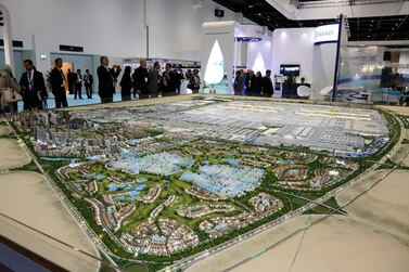 The Al Maktoum International Airport and its surrounding areas are shown in model form. Jeffrey E Biteng / The National.