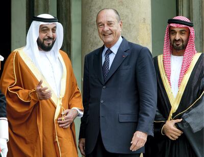 United Arab Emirates Crown Prince Sheikh Khalifa ben Zayed al-Nahayan (L) greeted by French President Jacques Chirac at the Elysee palace in Paris, June 14, 2003. At right is UAE Foreign Minister Sheikh Hamdane ben Zayed al-Nahayan.