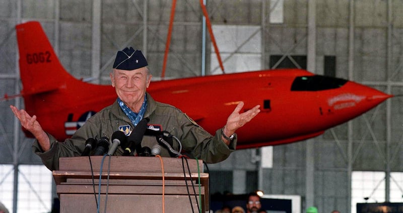 FILE PHOTO: Retired Air Force General Chuck Yeager answers questions from the media, during a press conference honouring the 50th anniversary of his first supersonic flight, October 14 at Edwards Air Force Base, California, U.S. October 14, 1997.   REUTERS/Reuters Photographer/File Photo