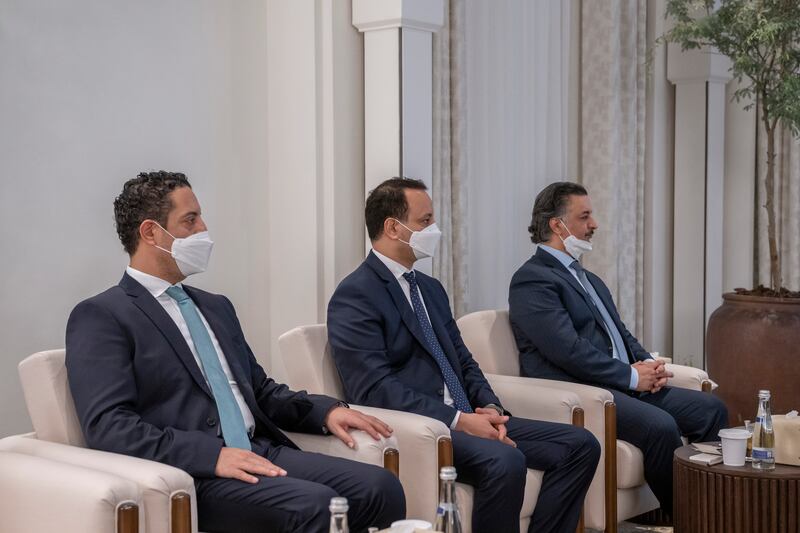 Members of the delegation accompanying Field Marshal Khalifa Haftar, Commander of the Libyan National Army, offer condolences to President Sheikh Mohamed on the death of Sheikh Khalifa. Seen at Al Shati Palace. 