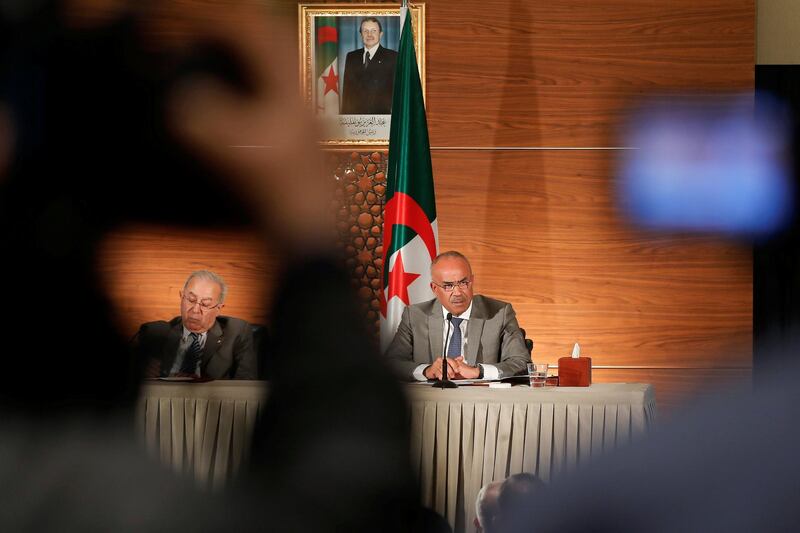 Newly appointed prime minister, Noureddine Bedoui, speaks during a news conference with deputy prime minister Ramtane Lamamra, in Algiers, Algeria. Reuters