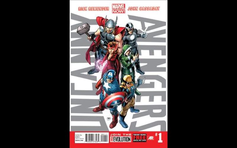 This image provided by Marvel Entertainment shows the cover of the first issue of "Uncanny Avengers." In comics, the first issue is where the story starts and the legend begins. Marvel Entertainment, home to the Fantastic Four, the X-Men and the Avengers, among others, is making more than 700 first issues available to digital readers starting Sunday, March 10, 2013, via its app and website. (AP Photo/Marvel Entertainment)
