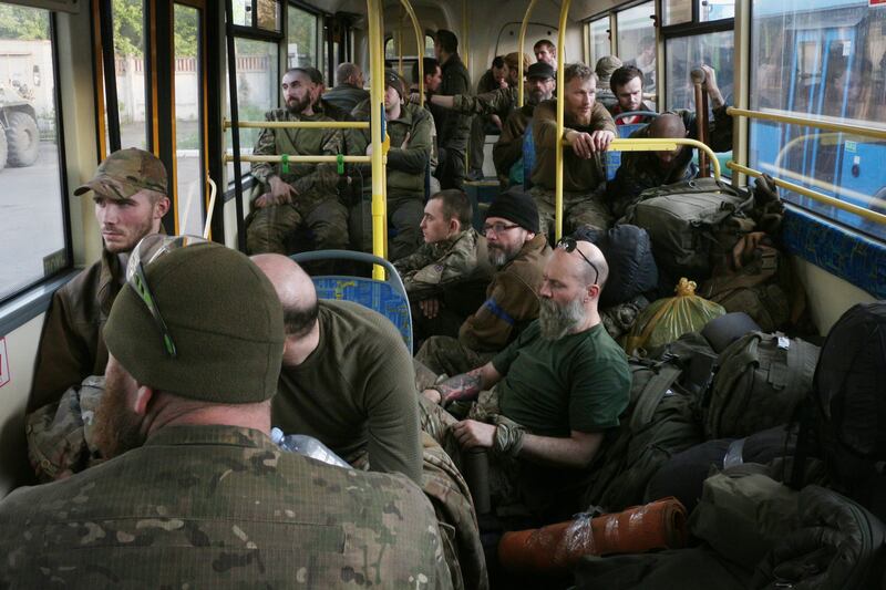 Some of the Ukrainian troops evacuated from the steel plant.  AP