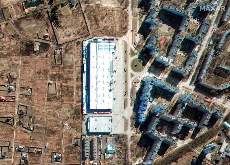 This satellite image shows Epicentr K shopping centre before it was damaged in Chernihiv, Ukraine. AP Photo