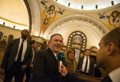 epa07273574 US Secretary of State Mike Pompeo visits the newly inaugurated Cathedral of the Nativity Christ, at the New Administrative Capital, some 50km northeast of Cairo, Egypt, 10 January 2019.  EPA/MOHAMED HOSSAM