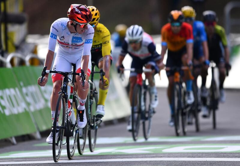 Tadej Pogacar finishing just in front of Primoz Roglic. AFP