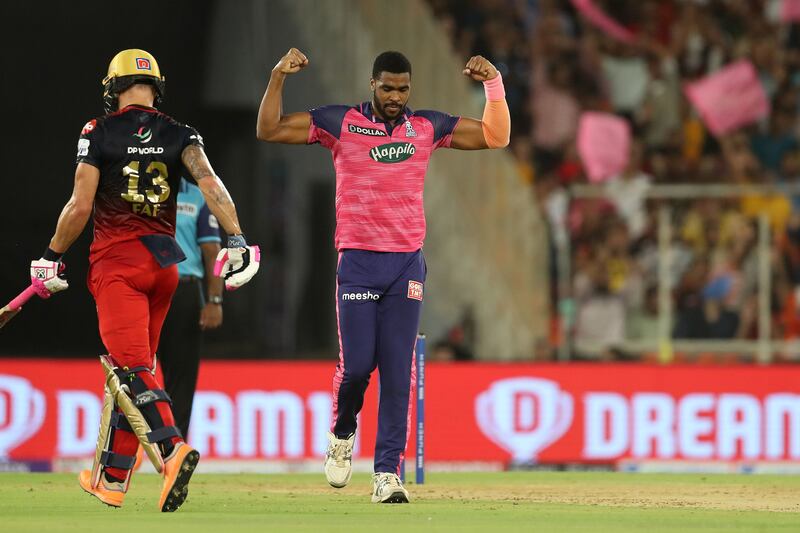 Obed McCoy of Rajasthan Royals celebrates the wicket of Faf Du Plessis, captain of Royal Challengers Bangalore. Sportzpics for IPL