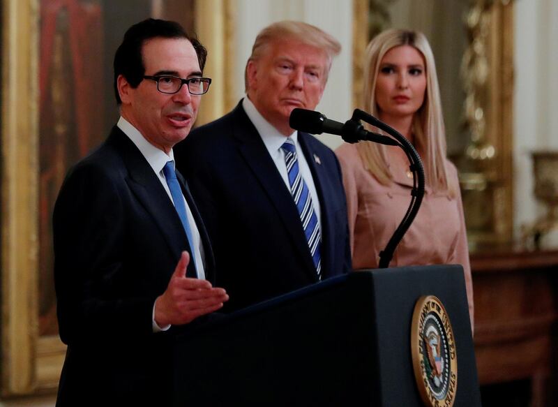 FILE PHOTO: Treasury Secretary Steven Mnuchin speaks as U.S. President Donald Trump and White House senior adviser Ivanka Trump listen during an East Room event highlighting Paycheck Protection Program (PPP) loans for small businesses adversely affected by the coronavirus disease (COVID-19) outbreak, at the White House in Washington, U.S., April 28, 2020. REUTERS/Carlos Barria/File Photo